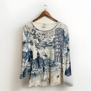 Jess & Jane Top Italy Print Studded 3/4 Sleeve USA Made